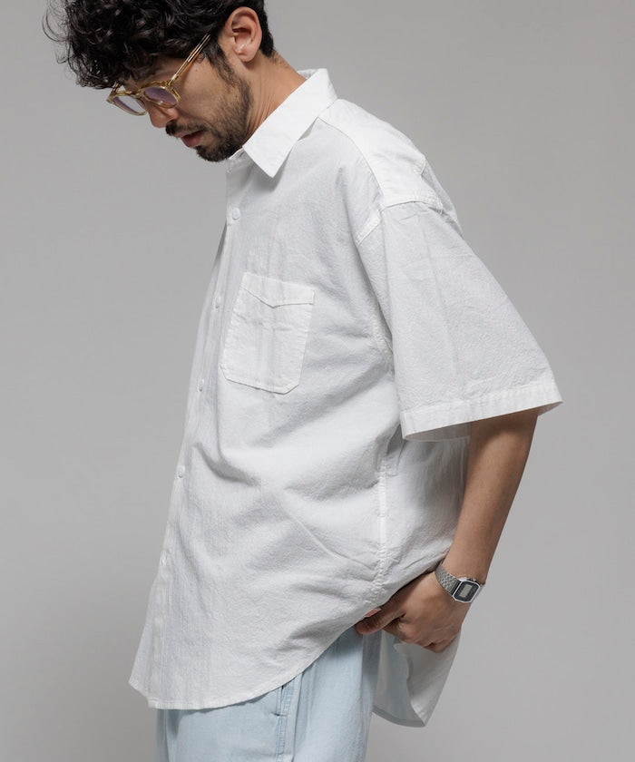 HINSON wrinkled relaxed fit regular collar short 口袋短袖襯衫