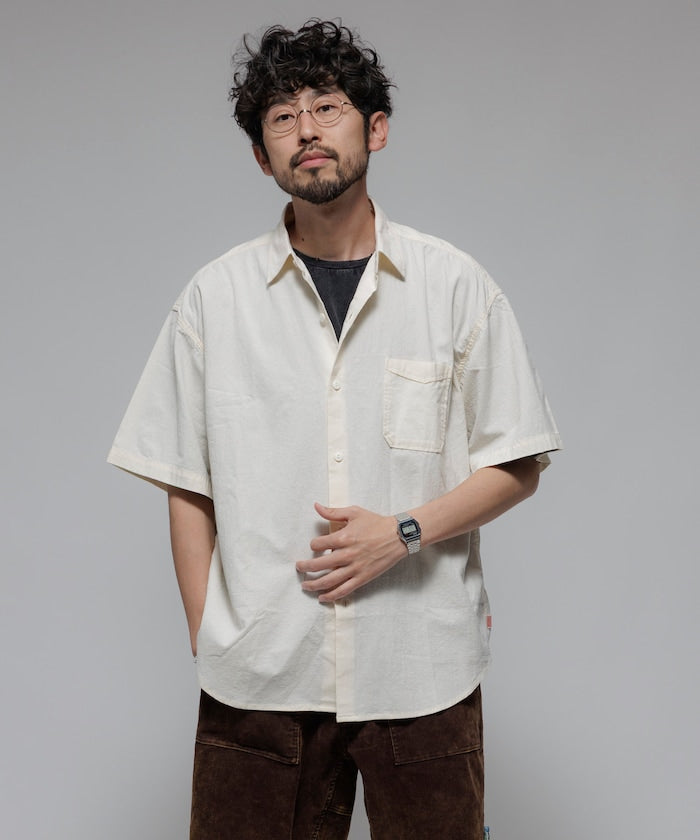 HINSON wrinkled relaxed fit regular collar short 口袋短袖襯衫