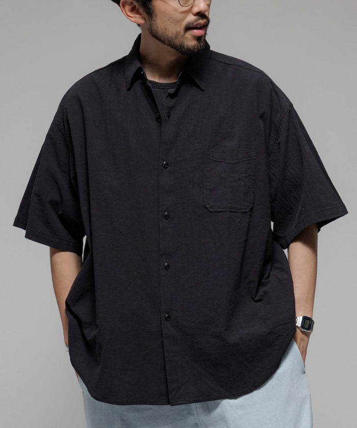 HINSON wrinkled relaxed fit regular collar short 口袋短袖襯衫