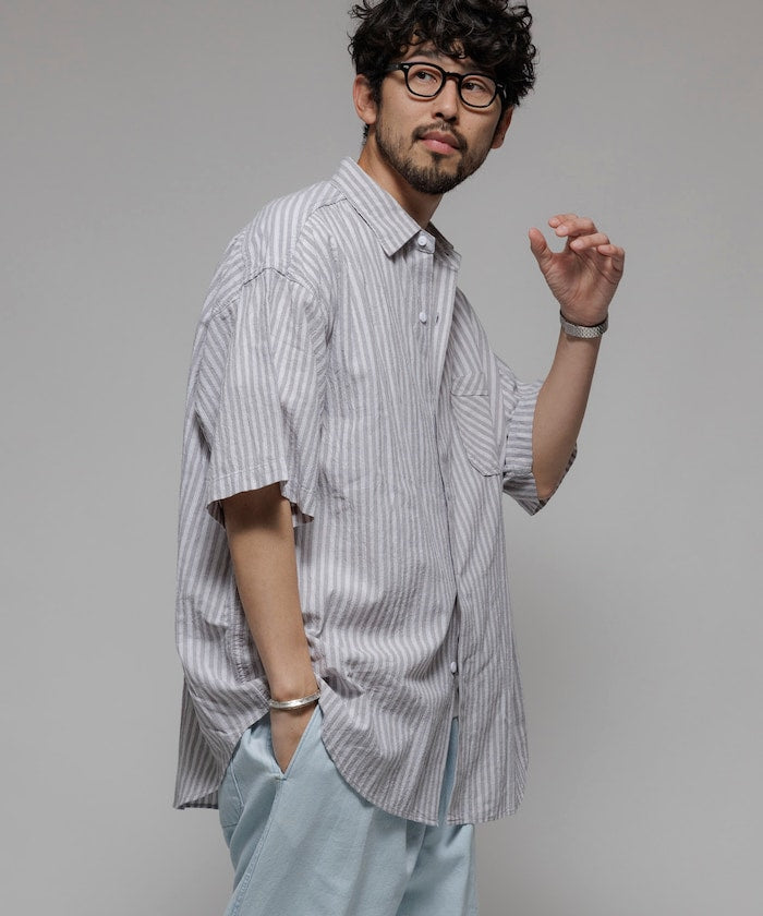 HINSON wrinkled relaxed fit striped shirt 短袖口袋條紋襯衫