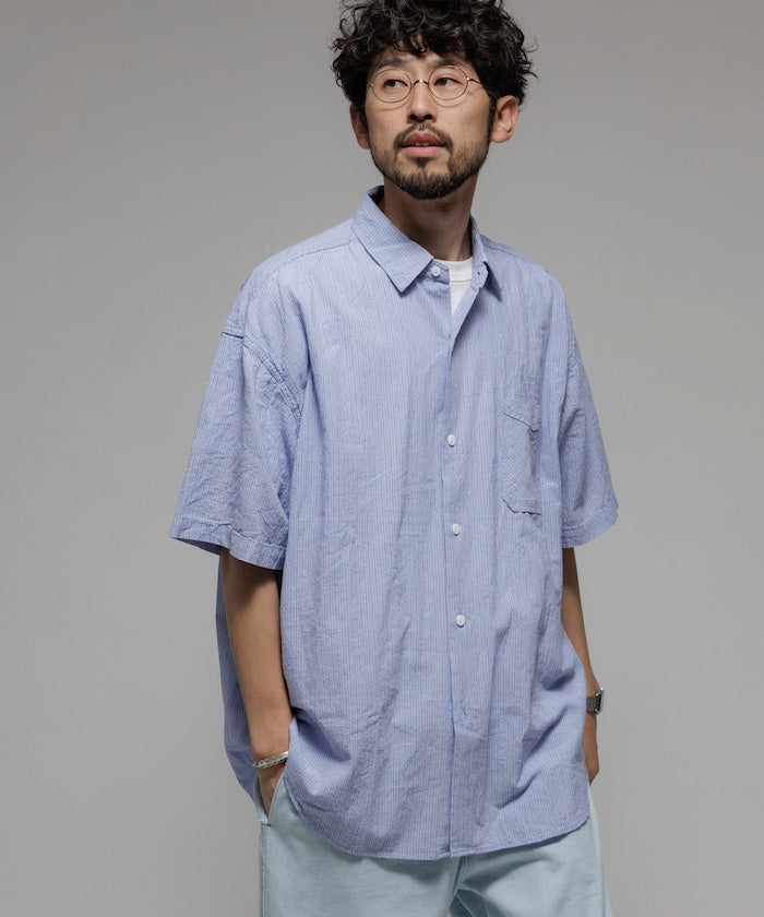 HINSON wrinkled relaxed fit striped shirt 短袖口袋條紋襯衫