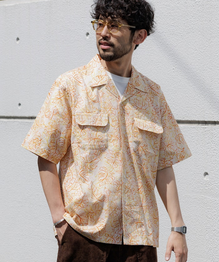 FREAK'S STORE Relaxed fit Batik print open collar shirt / Leaf Pattern 印花短袖襯衫