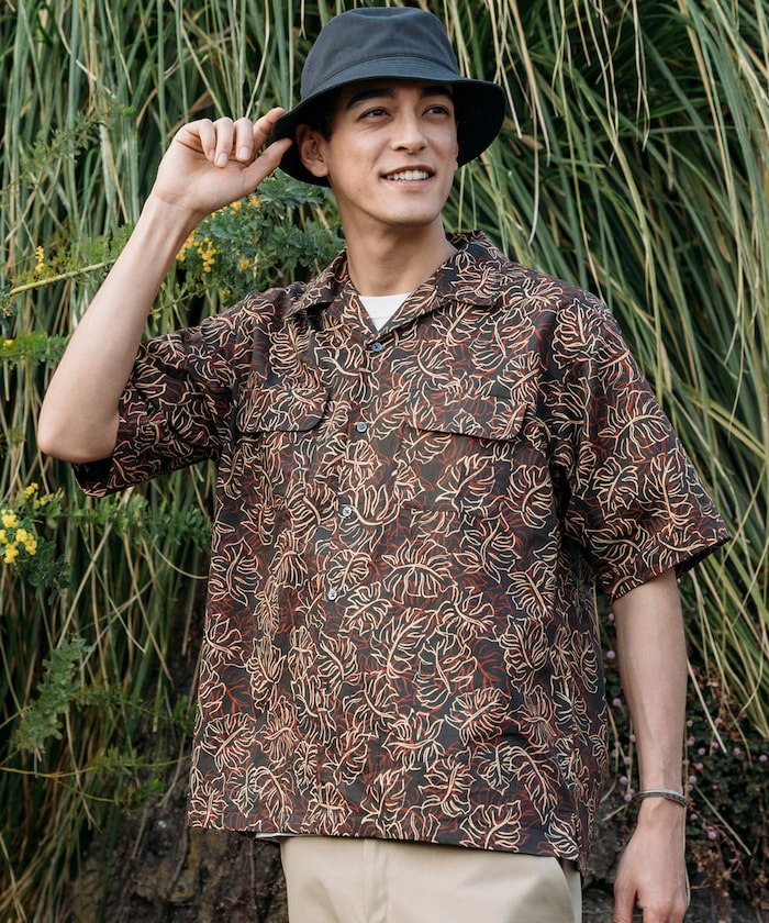 FREAK'S STORE Relaxed fit Batik print open collar shirt / Leaf Pattern 印花短袖襯衫