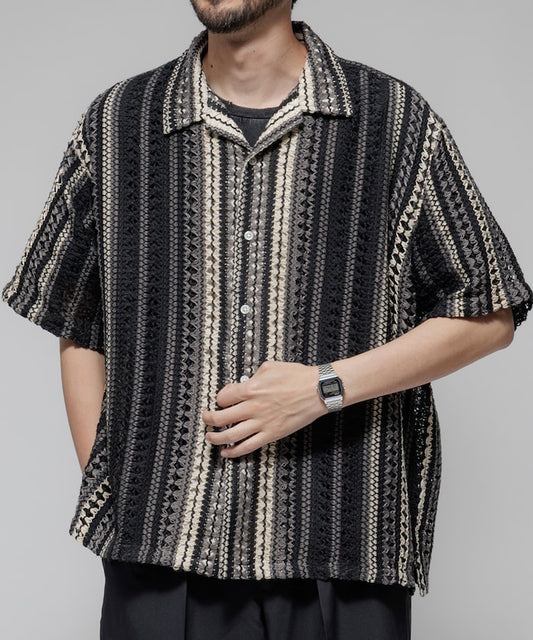 FREAK'S STORE Relaxed fit All-over lace Multi-stripe Open collar shirt 鏤空針織短袖襯衫