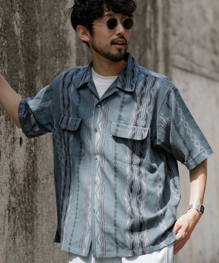 FREAK'S STORE Relaxed fit Ikat jacquard open collar 寬版印花短袖襯衫