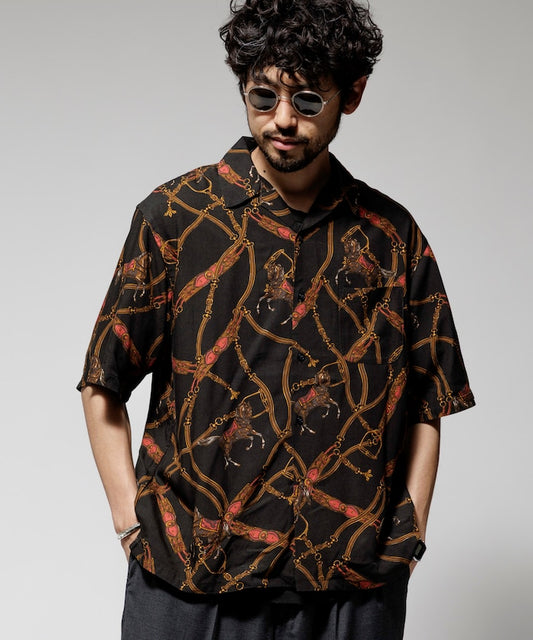FREAK'S STORE Relaxed fit washable Nylon Scarf pattern open collar shir t 復古短袖襯衫