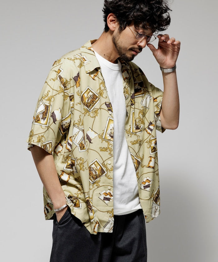 FREAK'S STORE Relaxed fit washable Nylon Scarf pattern open collar shir t 復古短袖襯衫