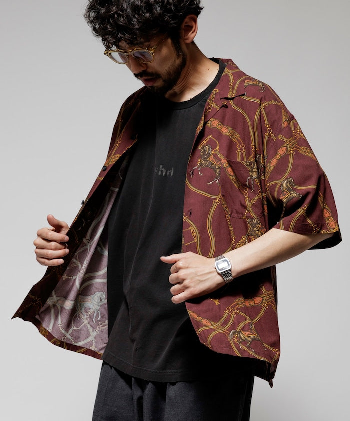 FREAK'S STORE Relaxed fit washable Nylon Scarf pattern open collar shir t 復古短袖襯衫