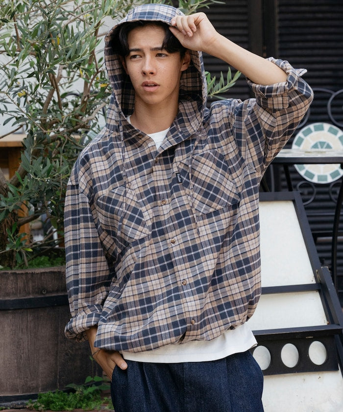 FREAK'S STORE x Foxfire relaxed fit flannel check hoodie shirt 寬版法蘭絨格紋連帽衫