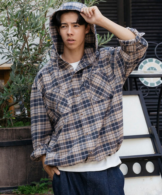 FREAK'S STORE x Foxfire relaxed fit flannel check hoodie shirt 寬版法蘭絨格紋連帽衫