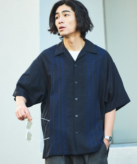 FREAK'S STORE Relax Fit Linen Nylon Cuba Shirt 刺繡短袖古巴襯衫
