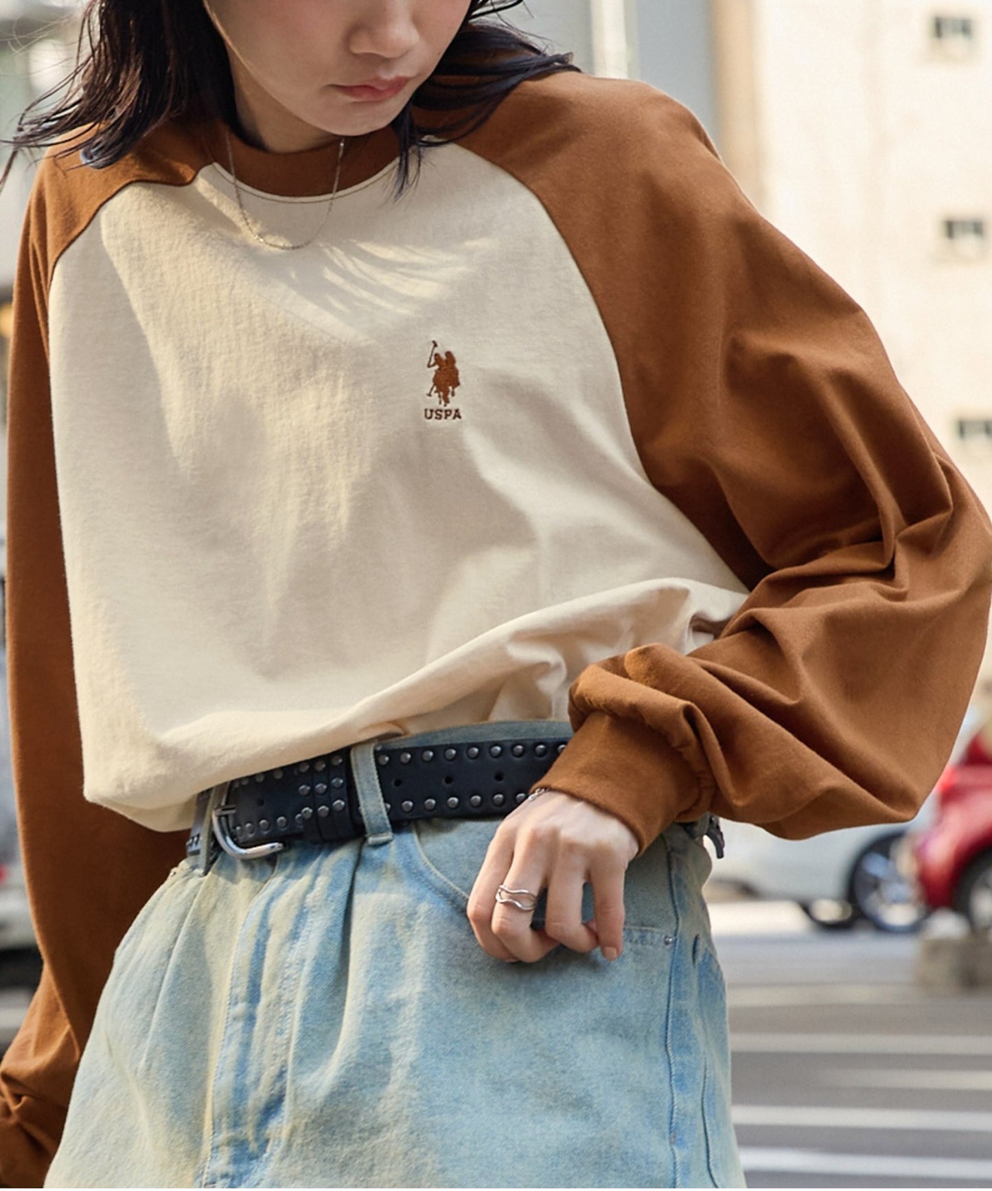 U.S. POLO ASSN. 限定款 刺繡LOGO拼色插肩寬版長袖T恤上衣