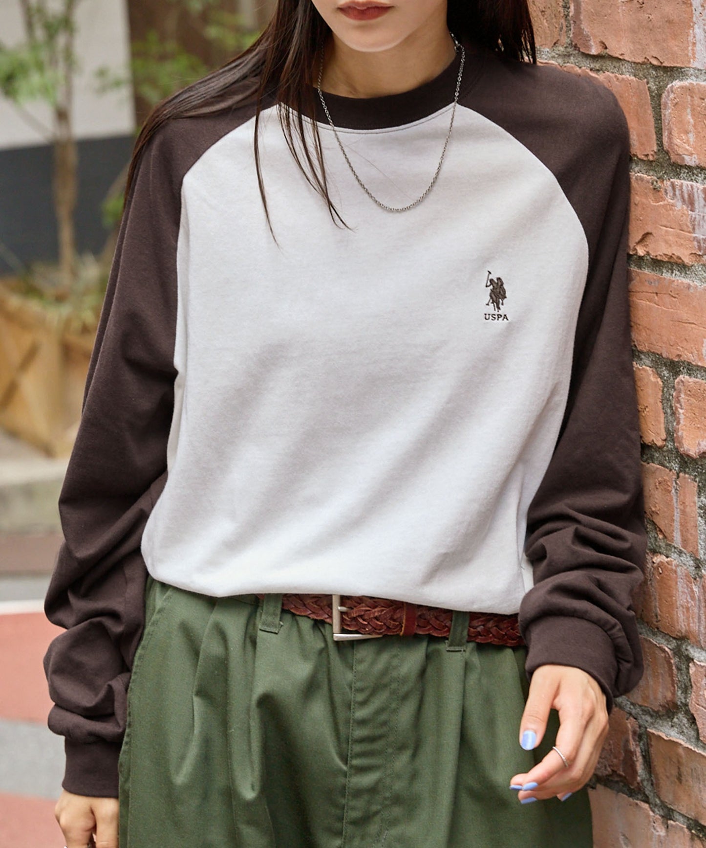 U.S. POLO ASSN. 限定款 刺繡LOGO拼色插肩寬版長袖T恤上衣