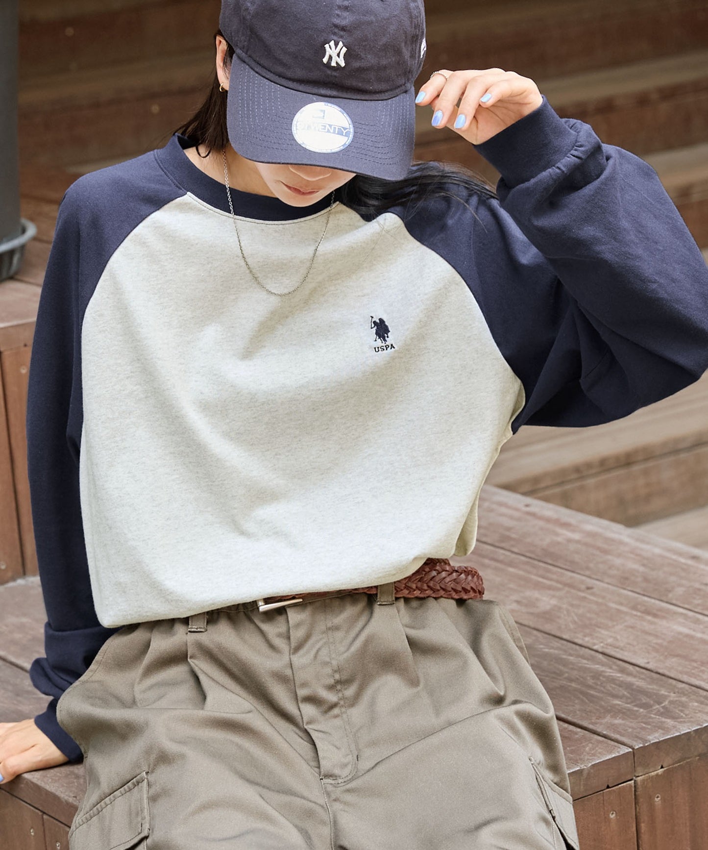 U.S. POLO ASSN. 限定款 刺繡LOGO拼色插肩寬版長袖T恤上衣