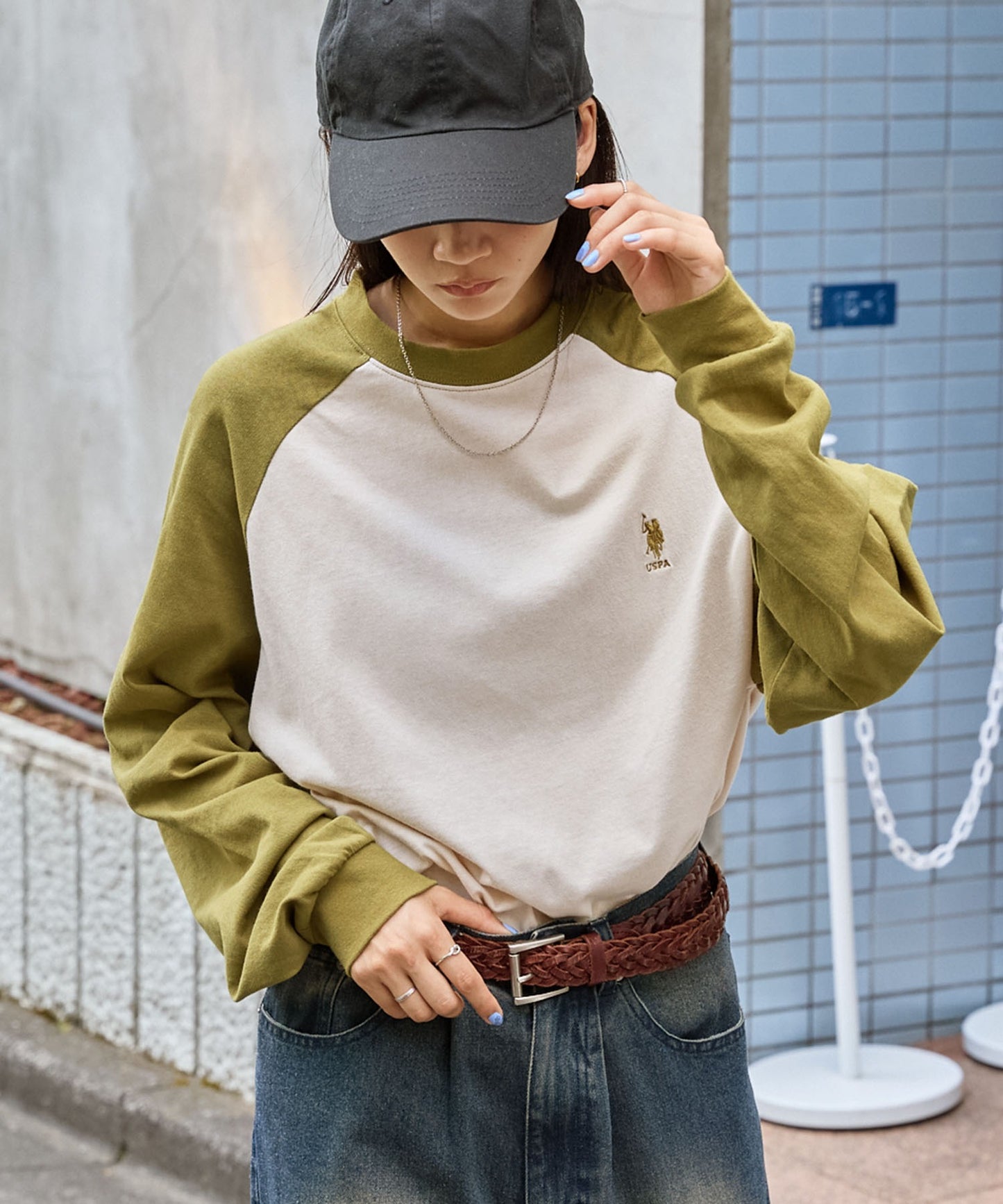 U.S. POLO ASSN. 限定款 刺繡LOGO拼色插肩寬版長袖T恤上衣