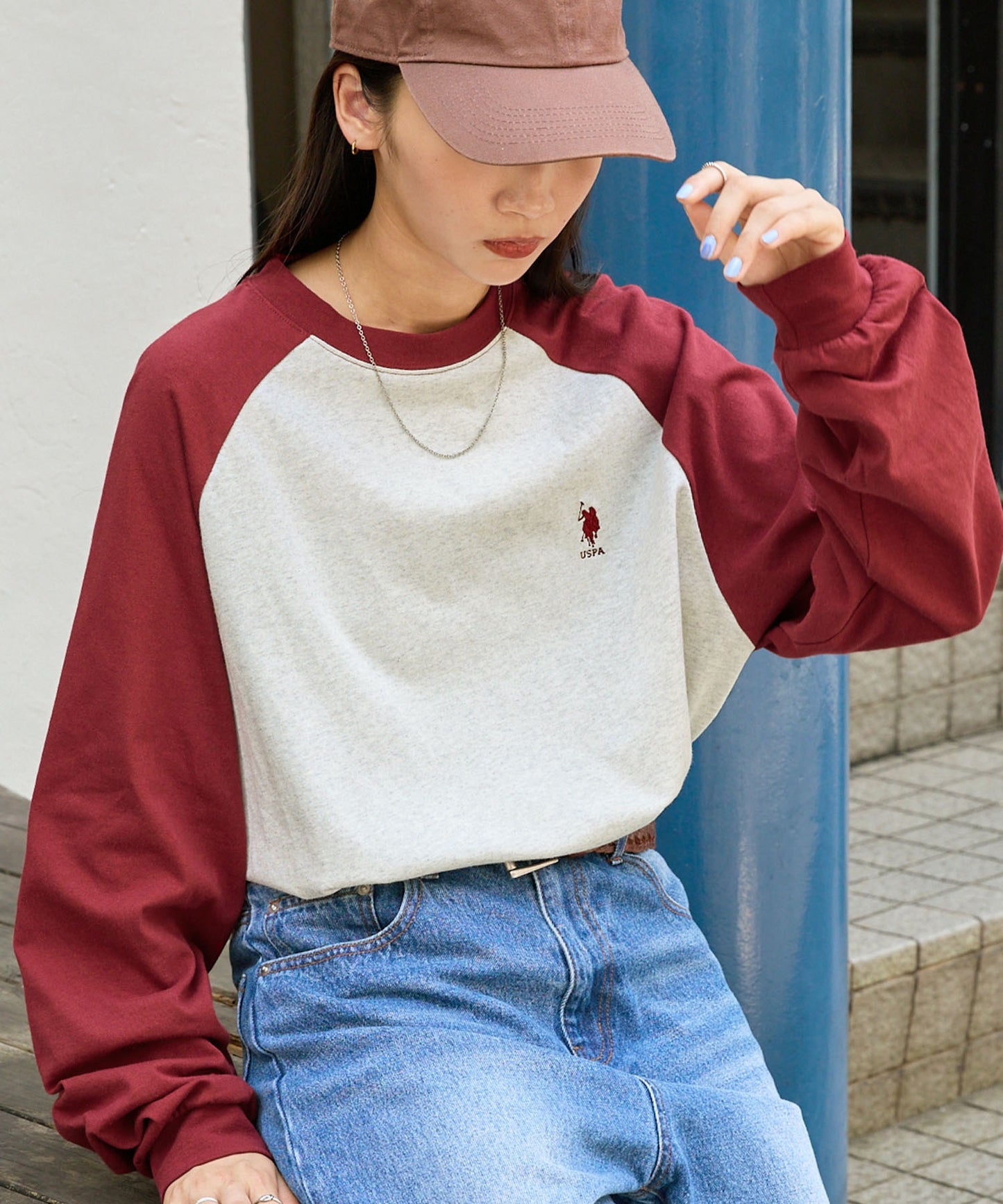 U.S. POLO ASSN. 限定款 刺繡LOGO拼色插肩寬版長袖T恤上衣