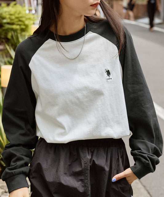 U.S. POLO ASSN. 限定款 刺繡LOGO拼色插肩寬版長袖T恤上衣