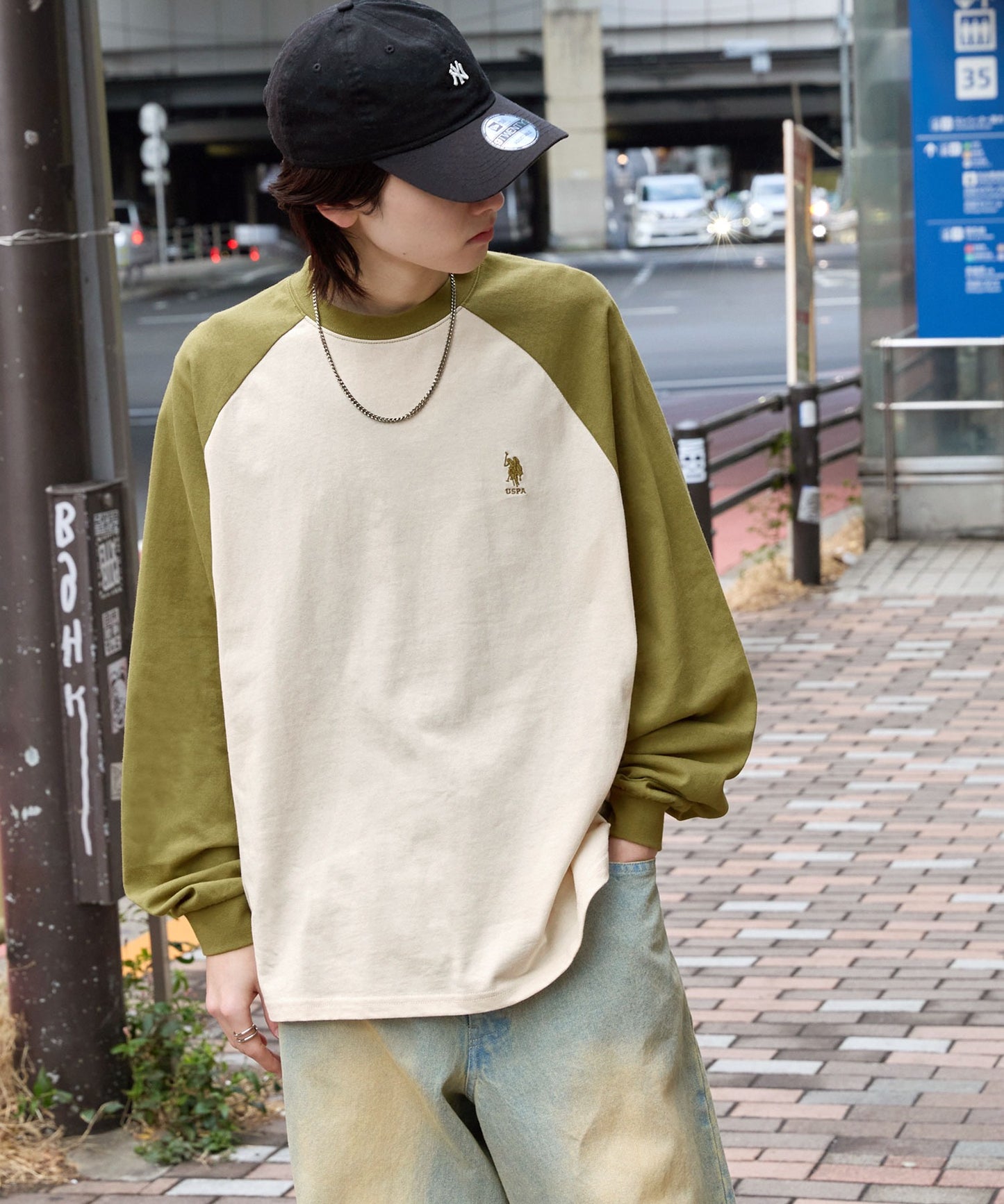 U.S. POLO ASSN. 限定款 刺繡LOGO拼色插肩寬版長袖T恤上衣