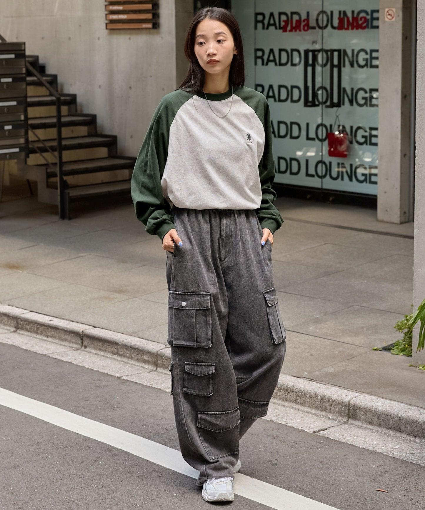 U.S. POLO ASSN. 限定款 刺繡LOGO拼色插肩寬版長袖T恤上衣