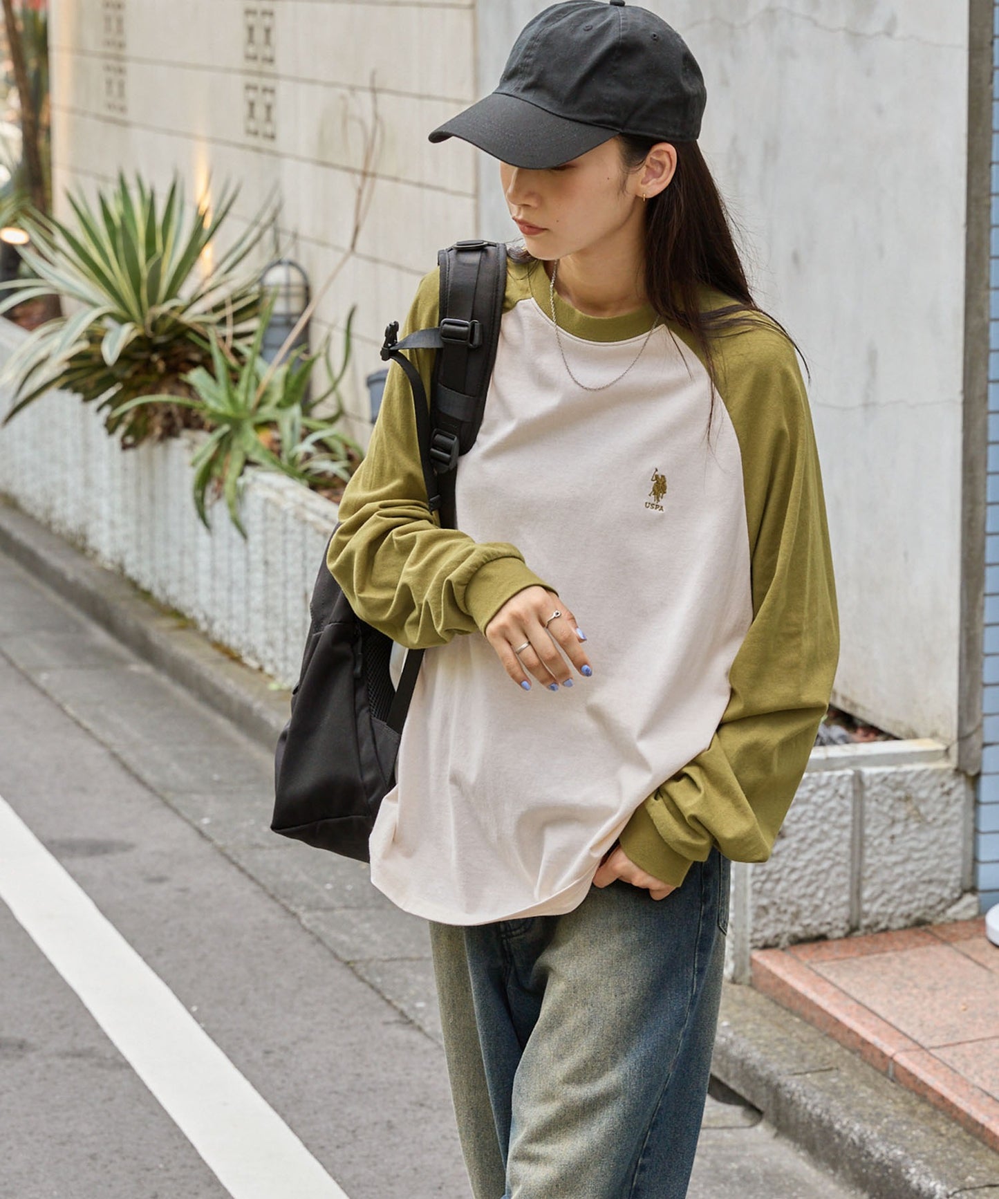 U.S. POLO ASSN. 限定款 刺繡LOGO拼色插肩寬版長袖T恤上衣