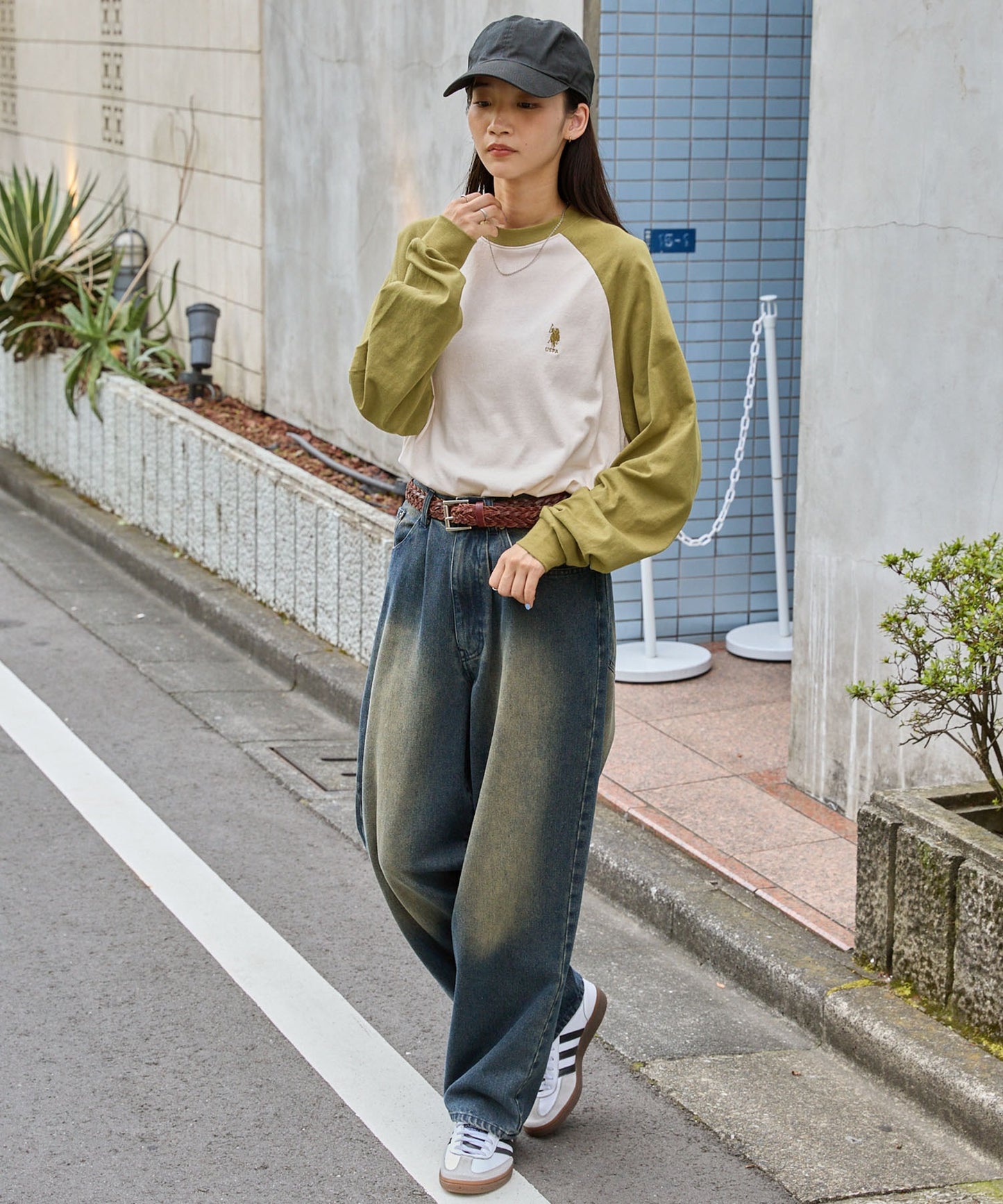 U.S. POLO ASSN. 限定款 刺繡LOGO拼色插肩寬版長袖T恤上衣