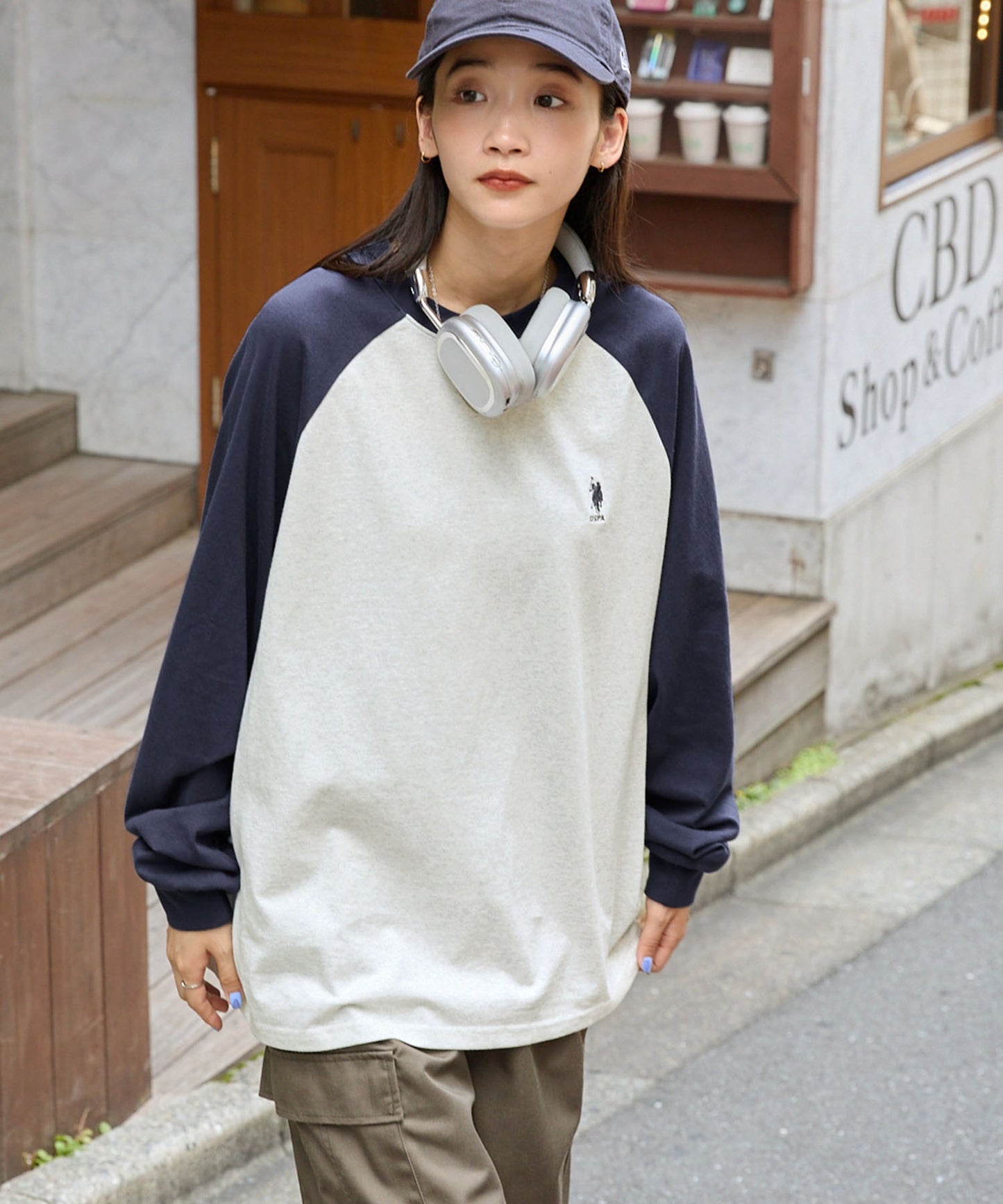 U.S. POLO ASSN. 限定款 刺繡LOGO拼色插肩寬版長袖T恤上衣