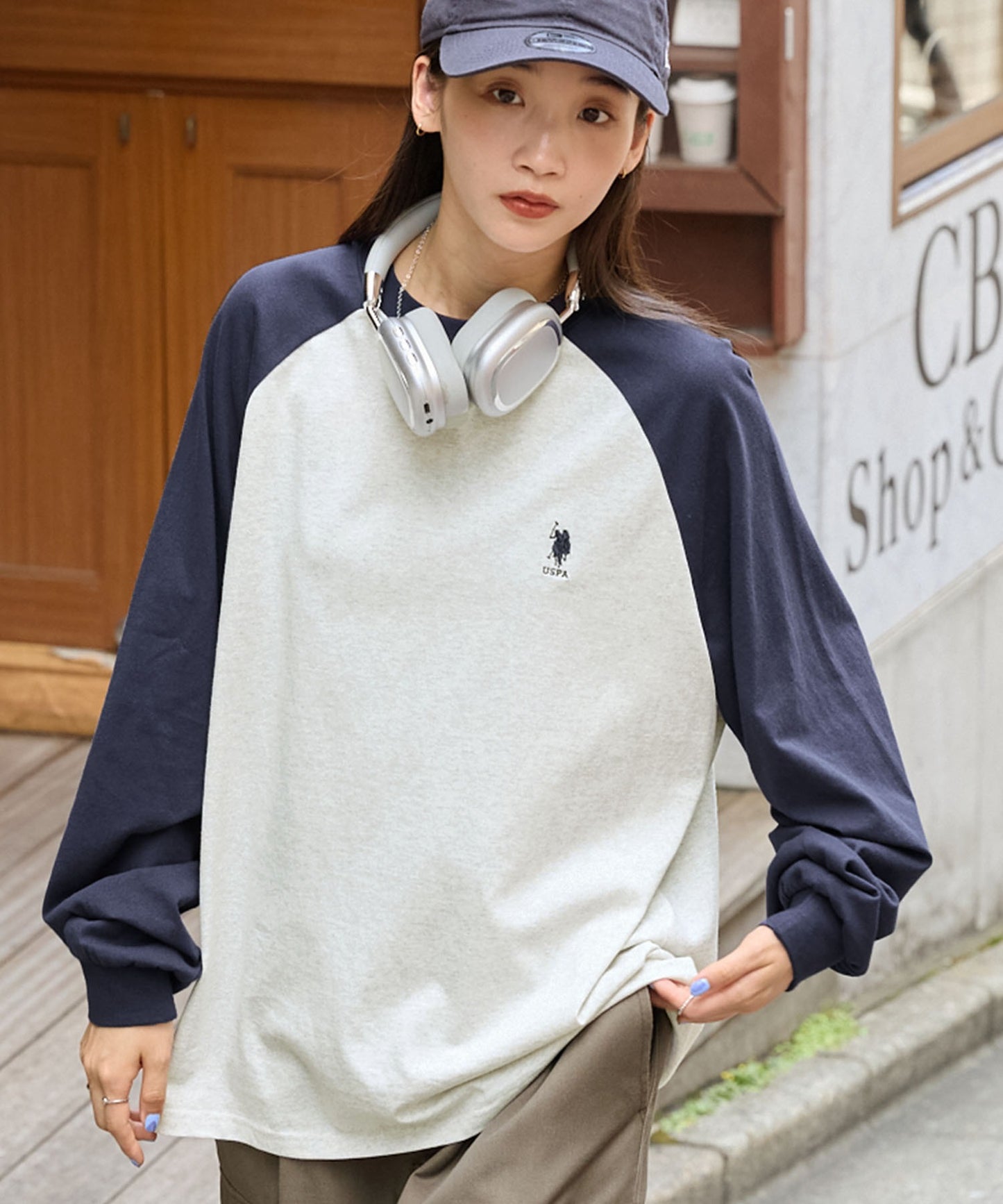 U.S. POLO ASSN. 限定款 刺繡LOGO拼色插肩寬版長袖T恤上衣