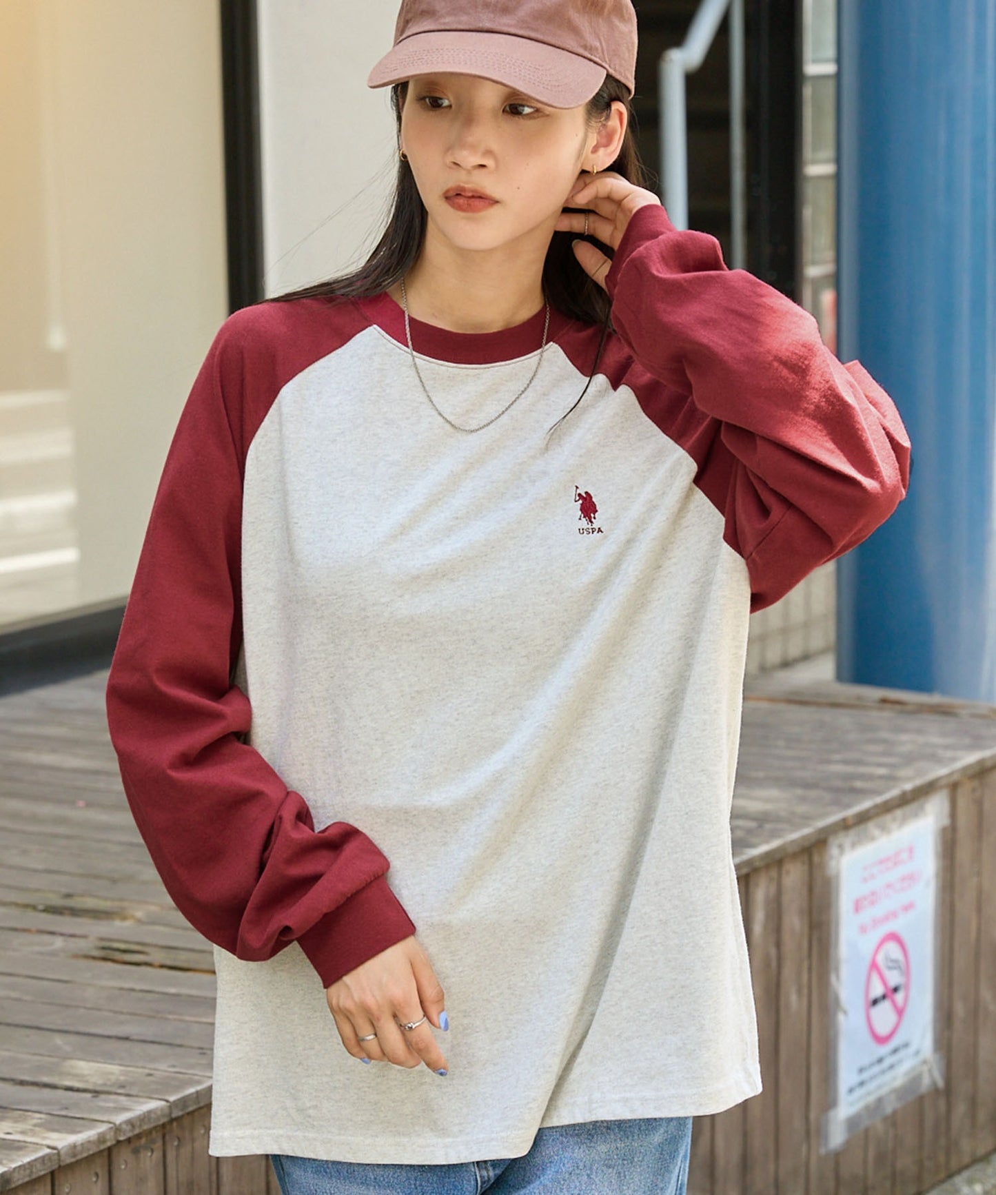 U.S. POLO ASSN. 限定款 刺繡LOGO拼色插肩寬版長袖T恤上衣