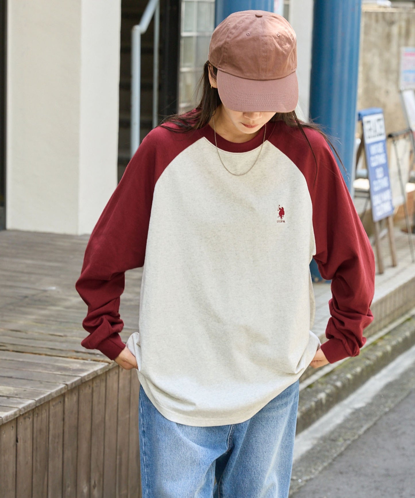 U.S. POLO ASSN. 限定款 刺繡LOGO拼色插肩寬版長袖T恤上衣