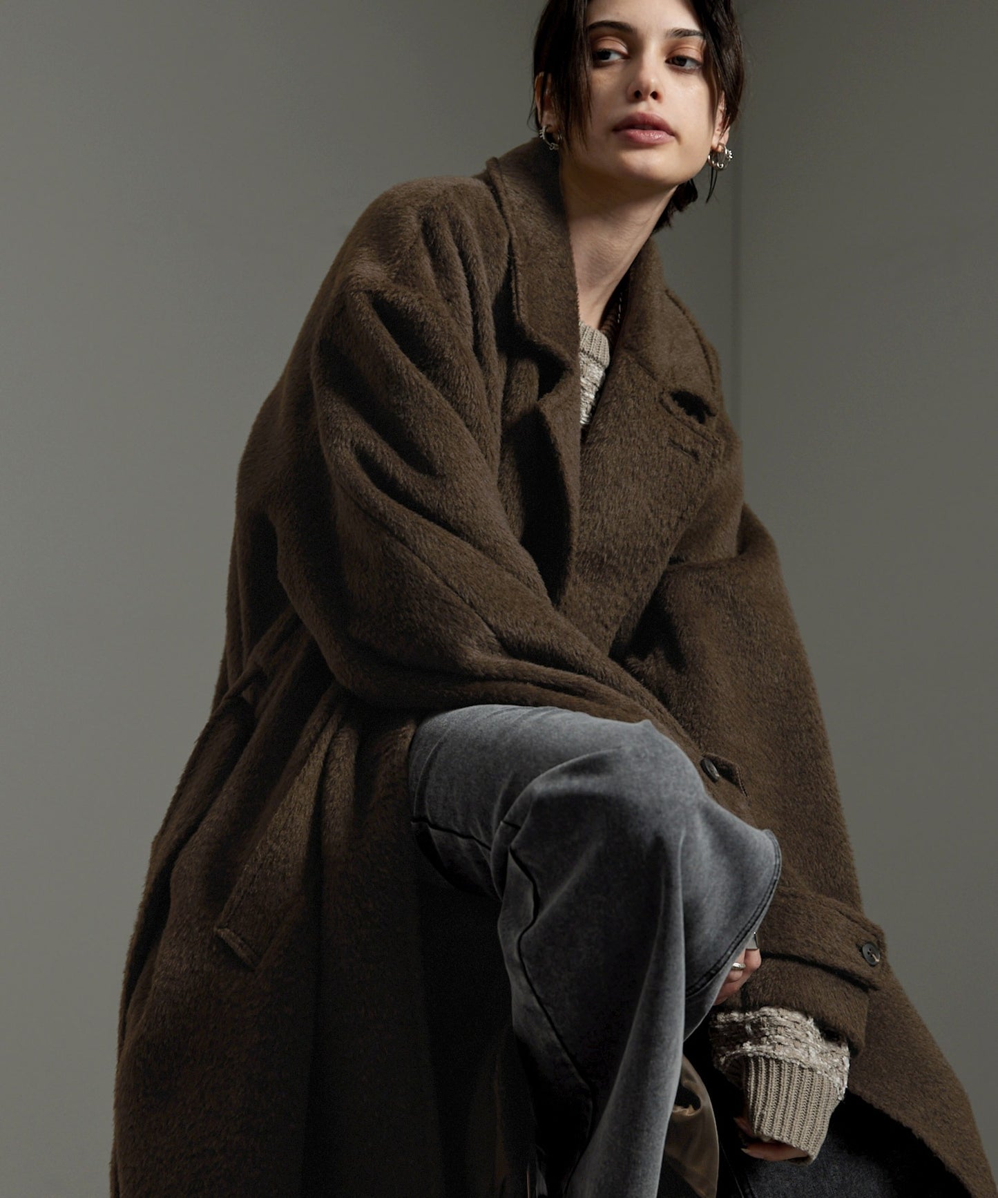 CIYOT-シヨウト- 長版雙排釦寬鬆毛呢大衣外套