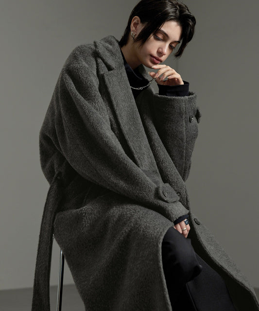 CIYOT-シヨウト- 長版雙排釦寬鬆毛呢大衣外套