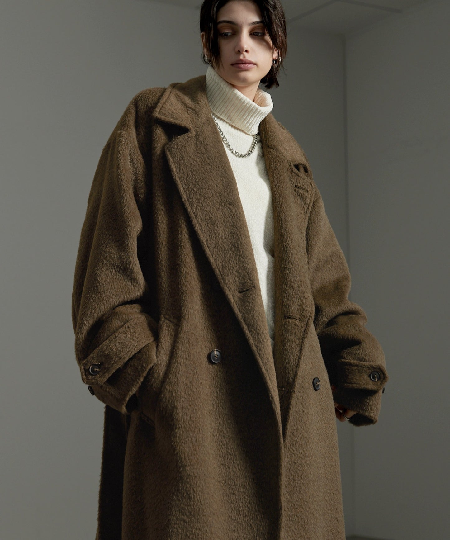 CIYOT-シヨウト- 長版雙排釦寬鬆毛呢大衣外套