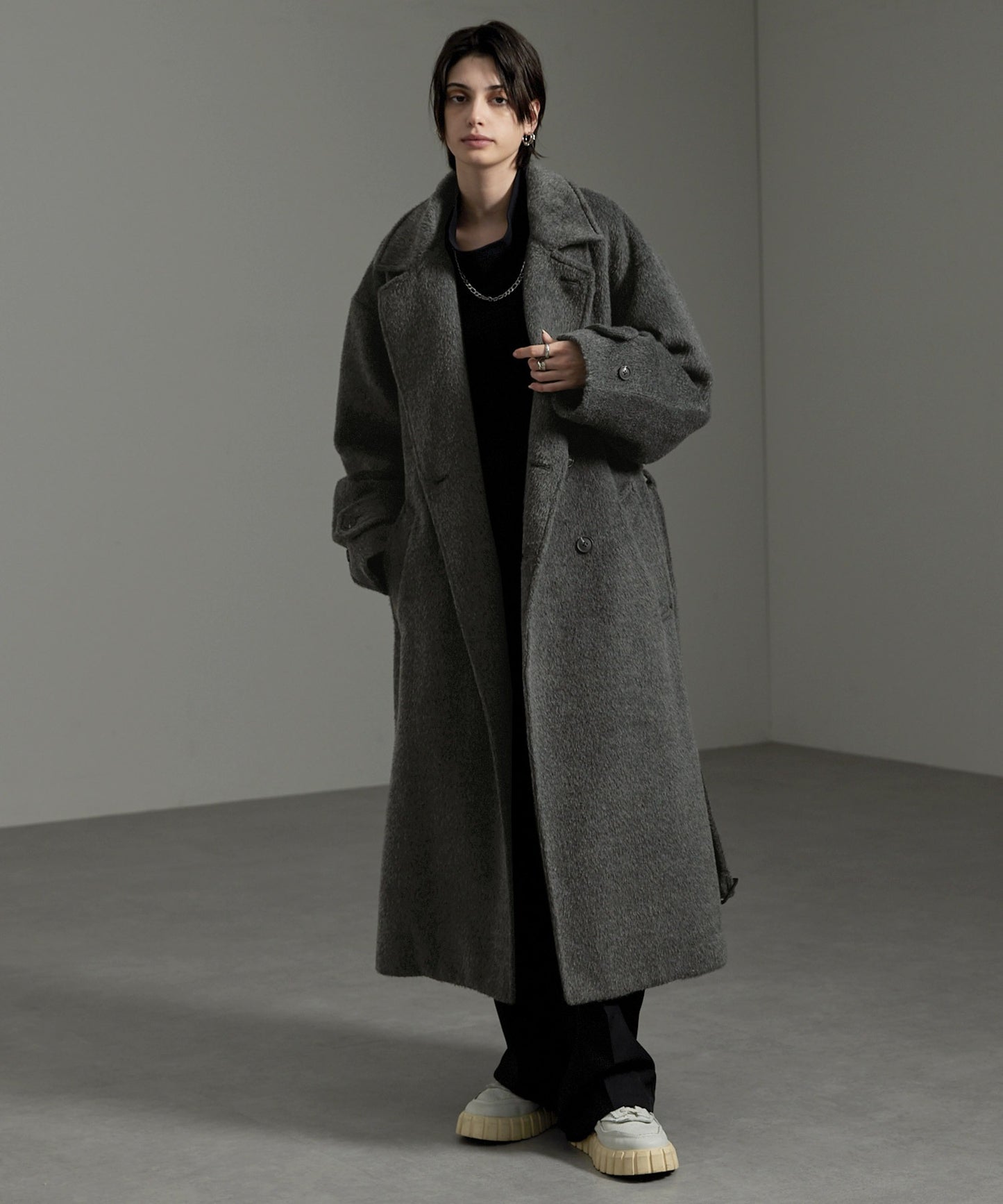 CIYOT-シヨウト- 長版雙排釦寬鬆毛呢大衣外套