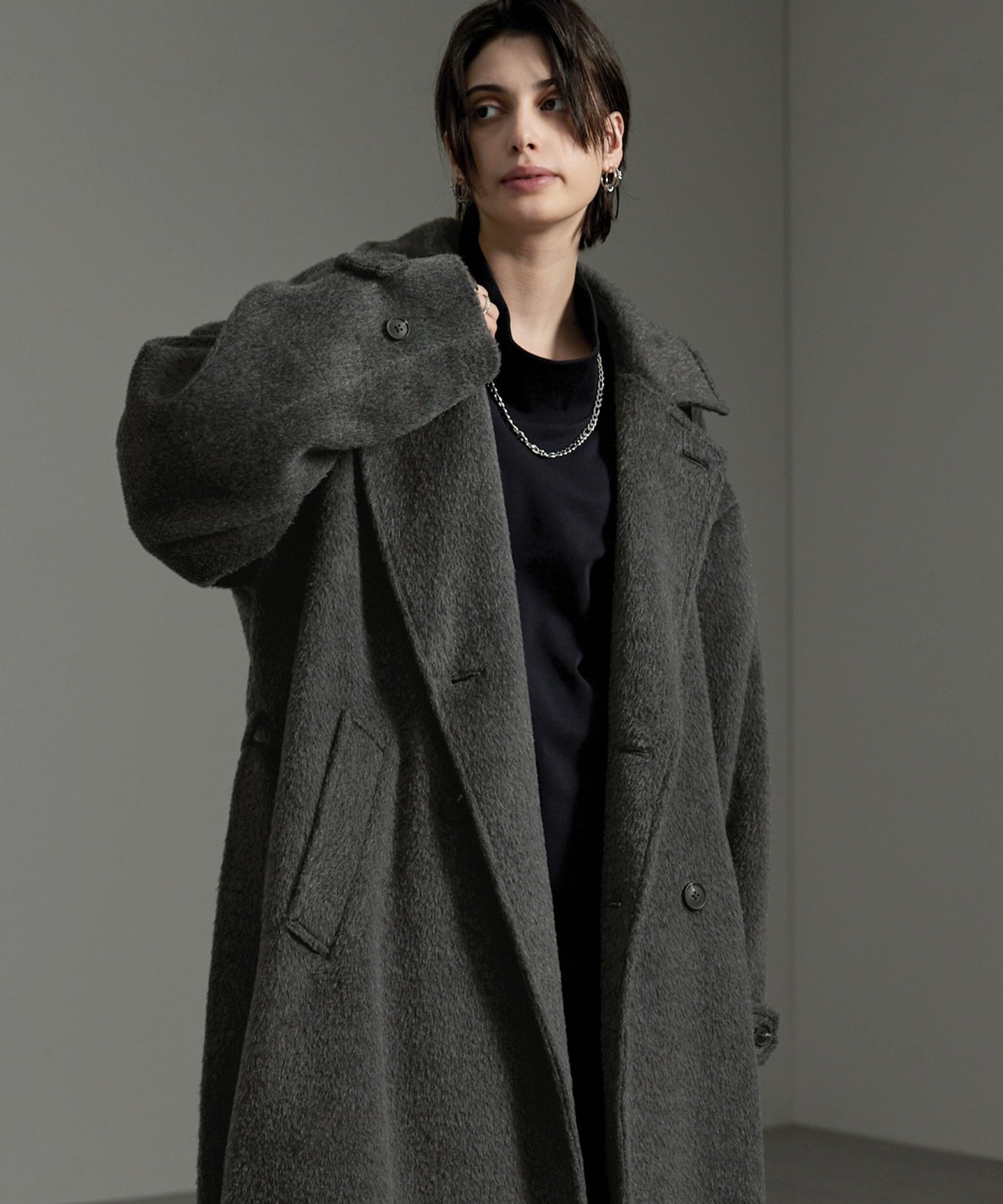 CIYOT-シヨウト- 長版雙排釦寬鬆毛呢大衣外套