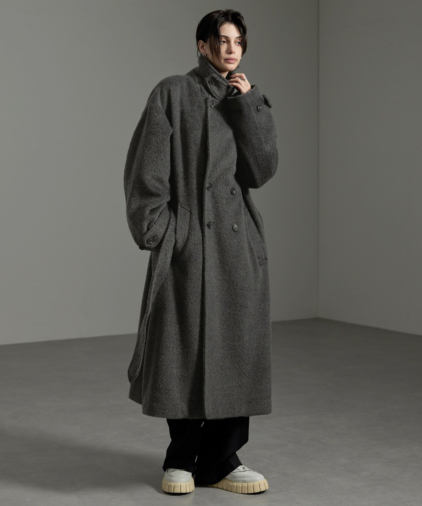 CIYOT-シヨウト- 長版雙排釦寬鬆毛呢大衣外套