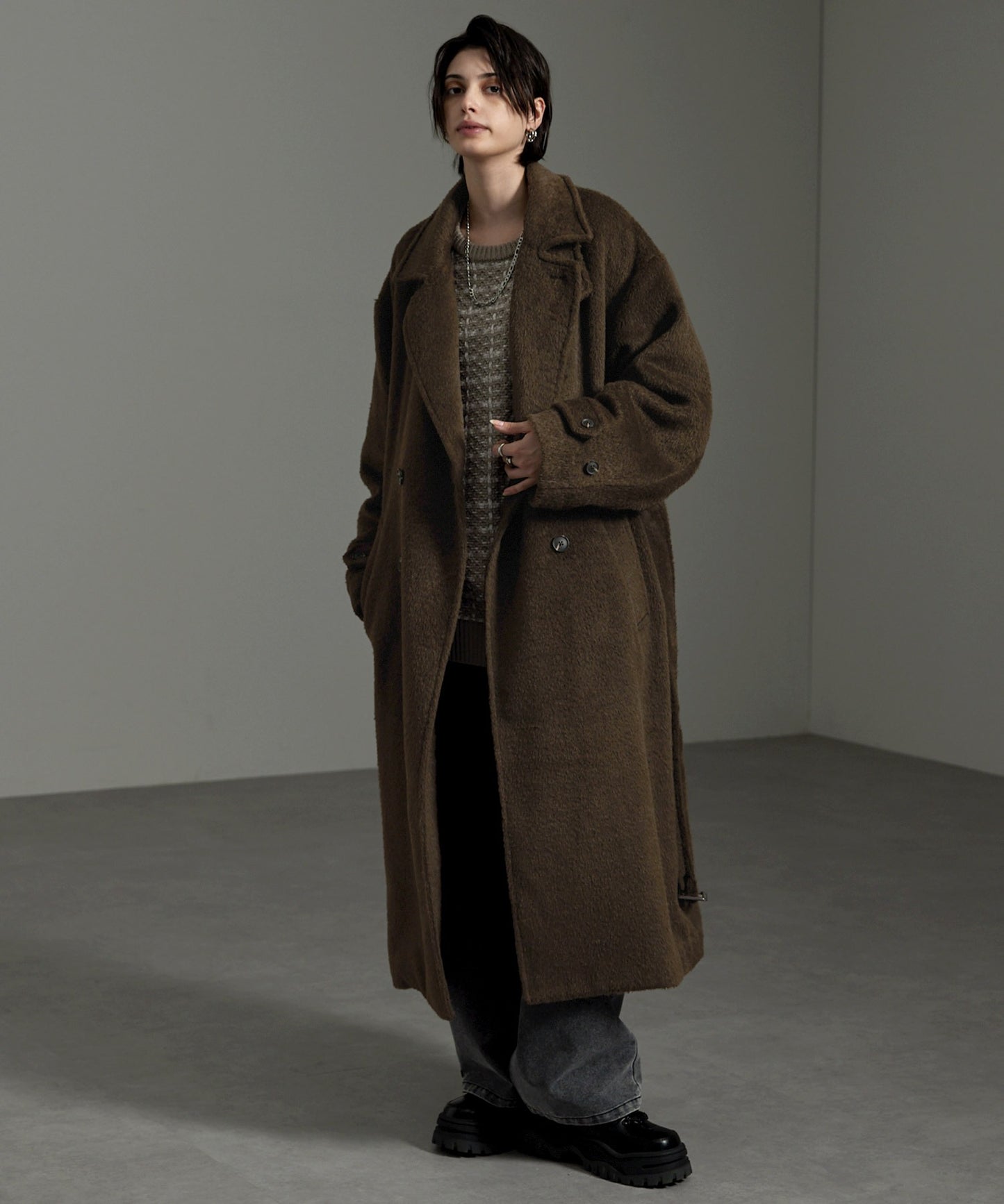 CIYOT-シヨウト- 長版雙排釦寬鬆毛呢大衣外套