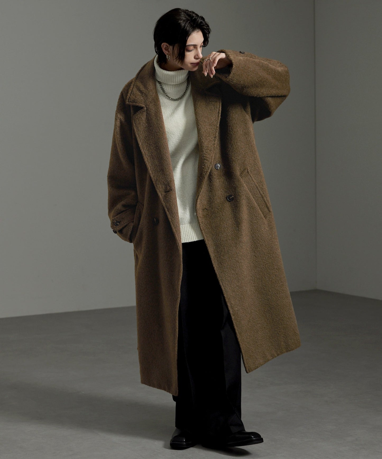 CIYOT-シヨウト- 長版雙排釦寬鬆毛呢大衣外套