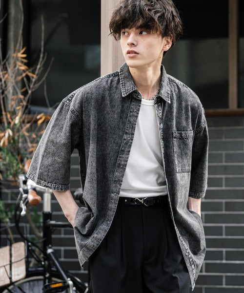 Rocky Monroe 寬版水洗牛仔短袖襯衫