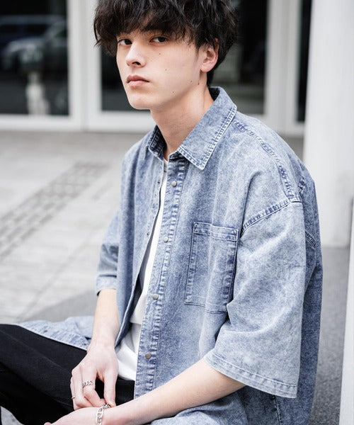 Rocky Monroe 寬版水洗牛仔短袖襯衫