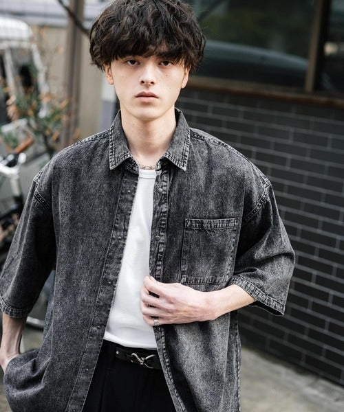 Rocky Monroe 寬版水洗牛仔短袖襯衫