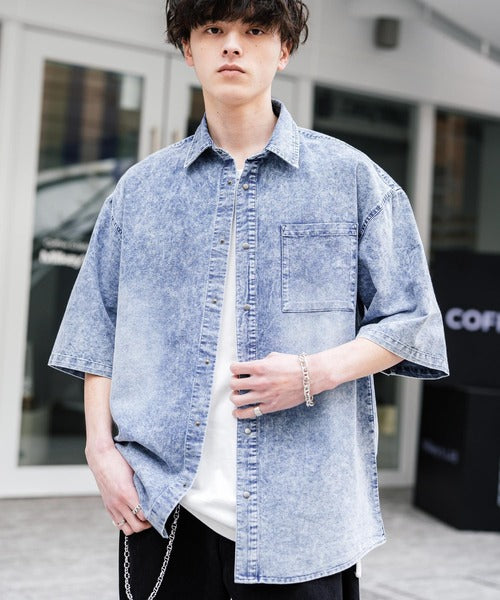 Rocky Monroe 寬版水洗牛仔短袖襯衫