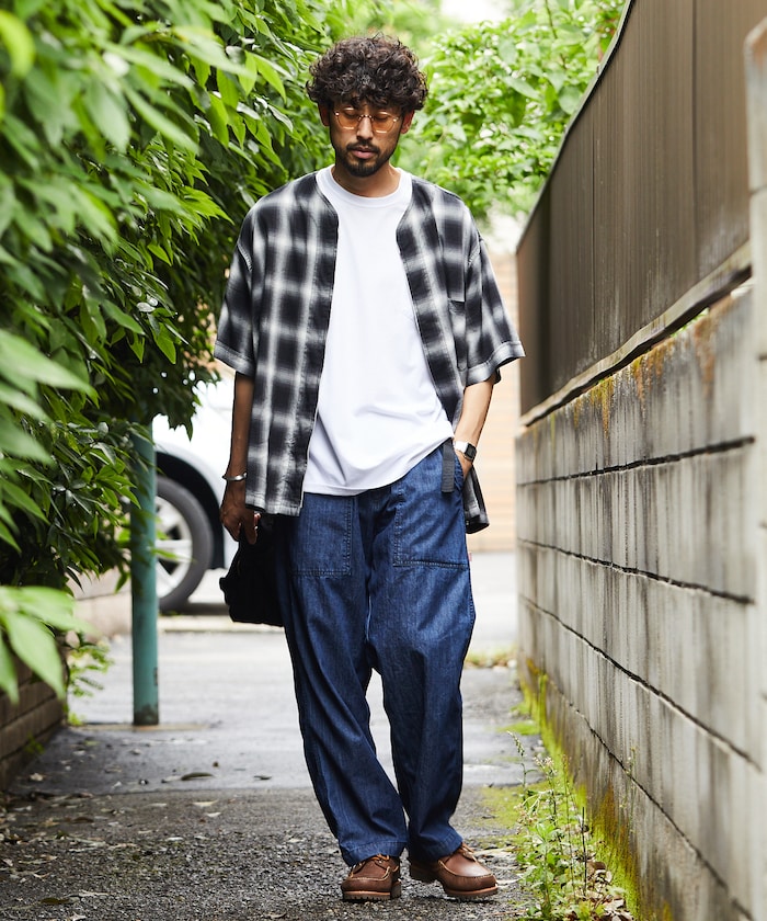 HINSON 限定 寬版錐形剪裁織帶工裝牛仔褲