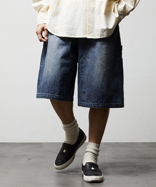 FREAK'S STORE Wide silhouette vintage double knee hickory denim shorts 寬版復古牛仔短褲
