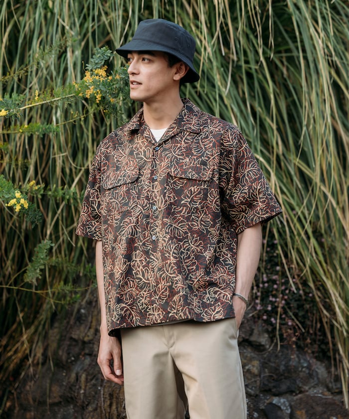FREAK'S STORE Relaxed fit Batik print open collar shirt / Leaf Pattern 印花短袖襯衫