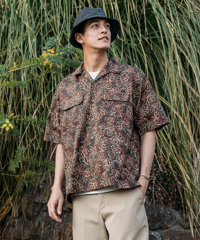 FREAK'S STORE Relaxed fit Batik print open collar shirt / Leaf Pattern 印花短袖襯衫