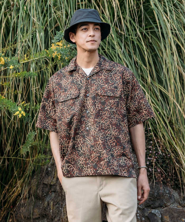 FREAK'S STORE Relaxed fit Batik print open collar shirt / Leaf Pattern 印花短袖襯衫