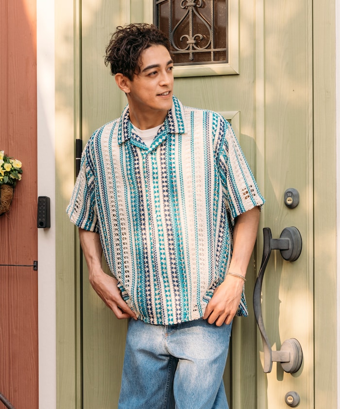 FREAK'S STORE Relaxed fit All-over lace Multi-stripe Open collar shirt 鏤空針織短袖襯衫