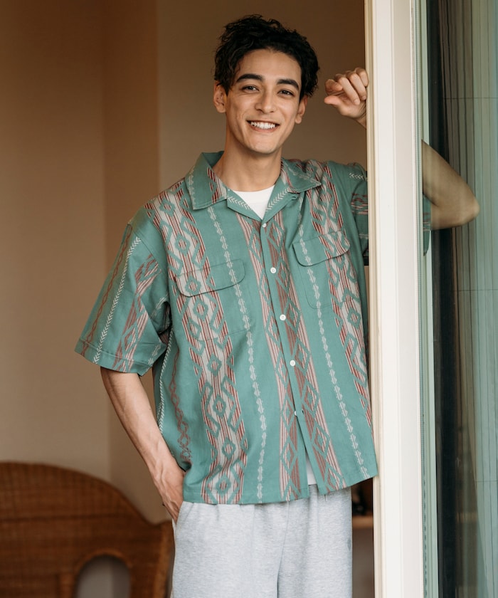 FREAK'S STORE Relaxed fit Ikat jacquard open collar 寬版印花短袖襯衫