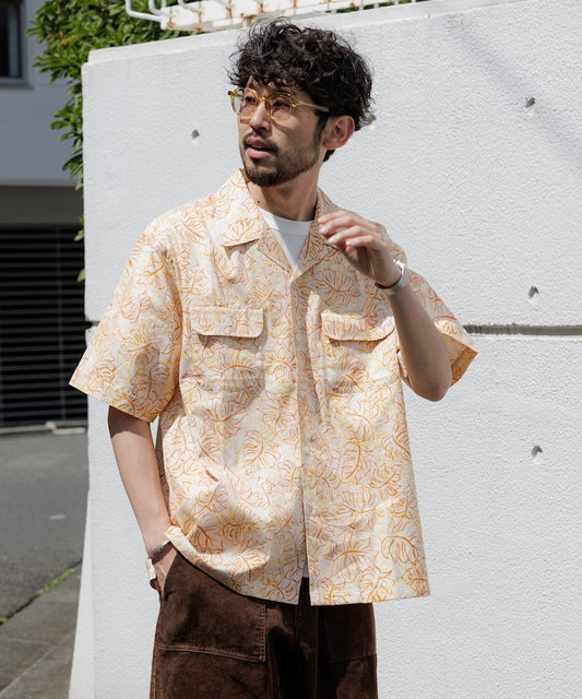FREAK'S STORE Relaxed fit Batik print open collar shirt / Leaf Pattern 印花短袖襯衫