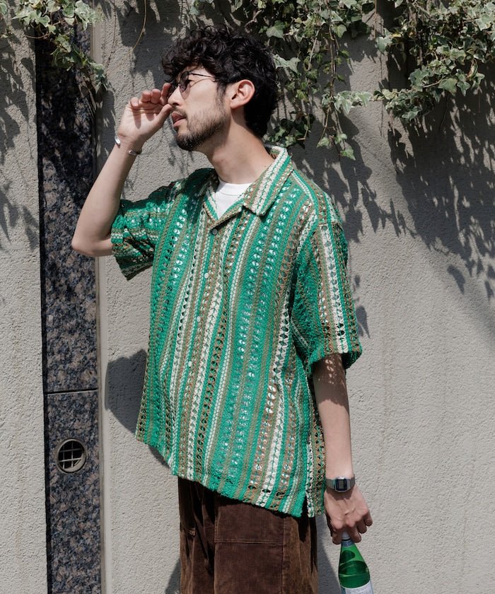 FREAK'S STORE Relaxed fit All-over lace Multi-stripe Open collar shirt 鏤空針織短袖襯衫